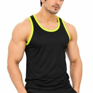 Men's Gym Vest Sando | Polyester Sleeveless Workout Tank Top | Round Neck Wide Armhole | Gym Running Yoga Football Sports (in, Alpha, Black-Green)