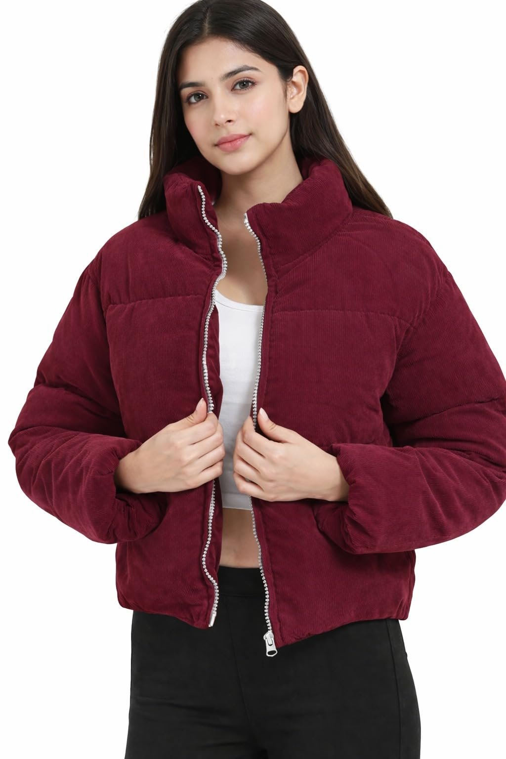 Women's Sporty Puffer Jacket, High Neck Winter Coat, kotrise Material, Side Pockets, Zipper Closure, winter Wear (IN, Alpha, Regular, wine)
