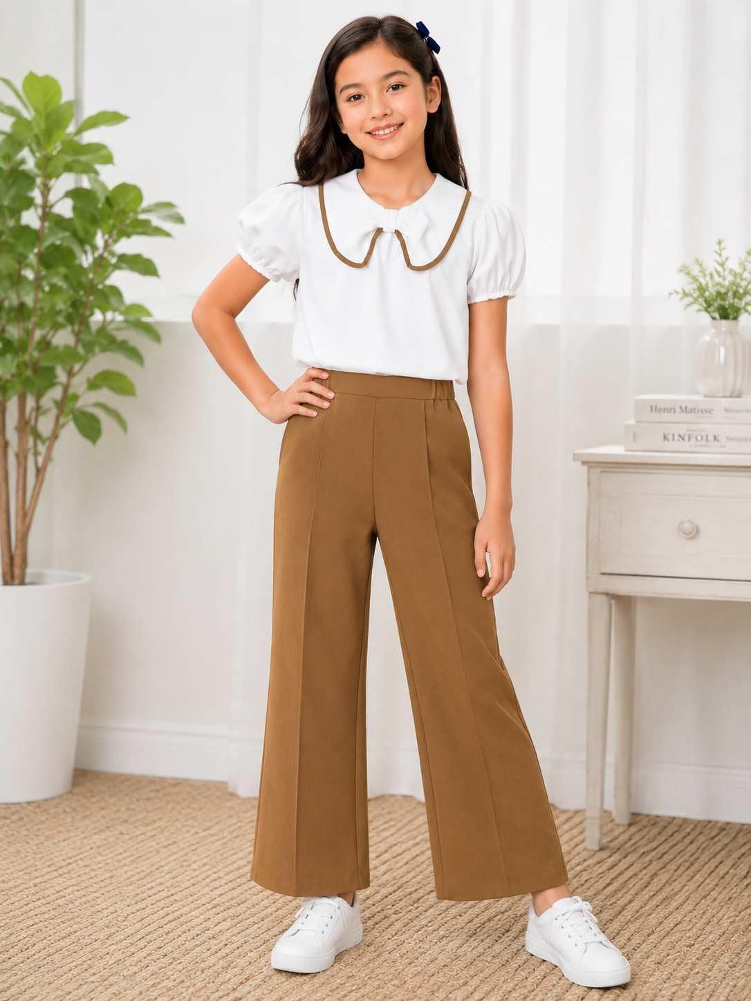 Girls Wide Leg Pants Set with Peter Pan Collar Blouse | Trendy Co-Ord Dress for Kids (BROWN, 5 YEAR -6 YEAR)