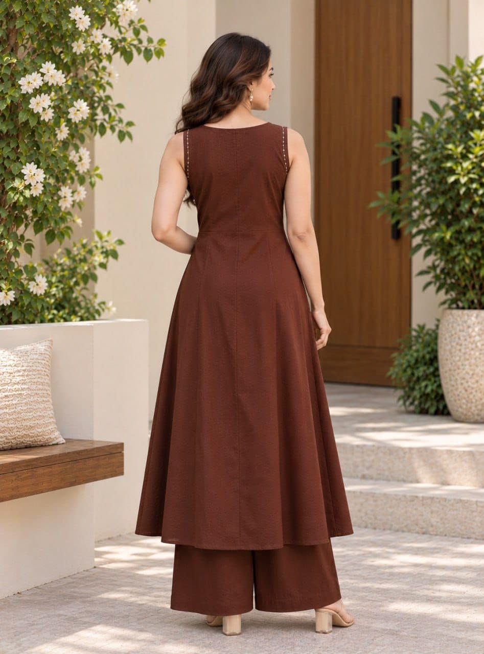 Rayon Kurta for Women | Sleeveless Kurti Set Woman | Anarkali Kurti with Palazzo | Plain Co Ord Outfit | Office Party Traditional Clothing for Womens (in, Alpha, Regular, Womens, Brown) - Image 6