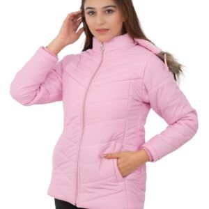 Women's Winter Jacket, Stand Collar, Quilted Polyester with Fleece Lining, Water Resistant, Regular Fit, Side Pockets, Black (IN, Alpha, BABY PINK)