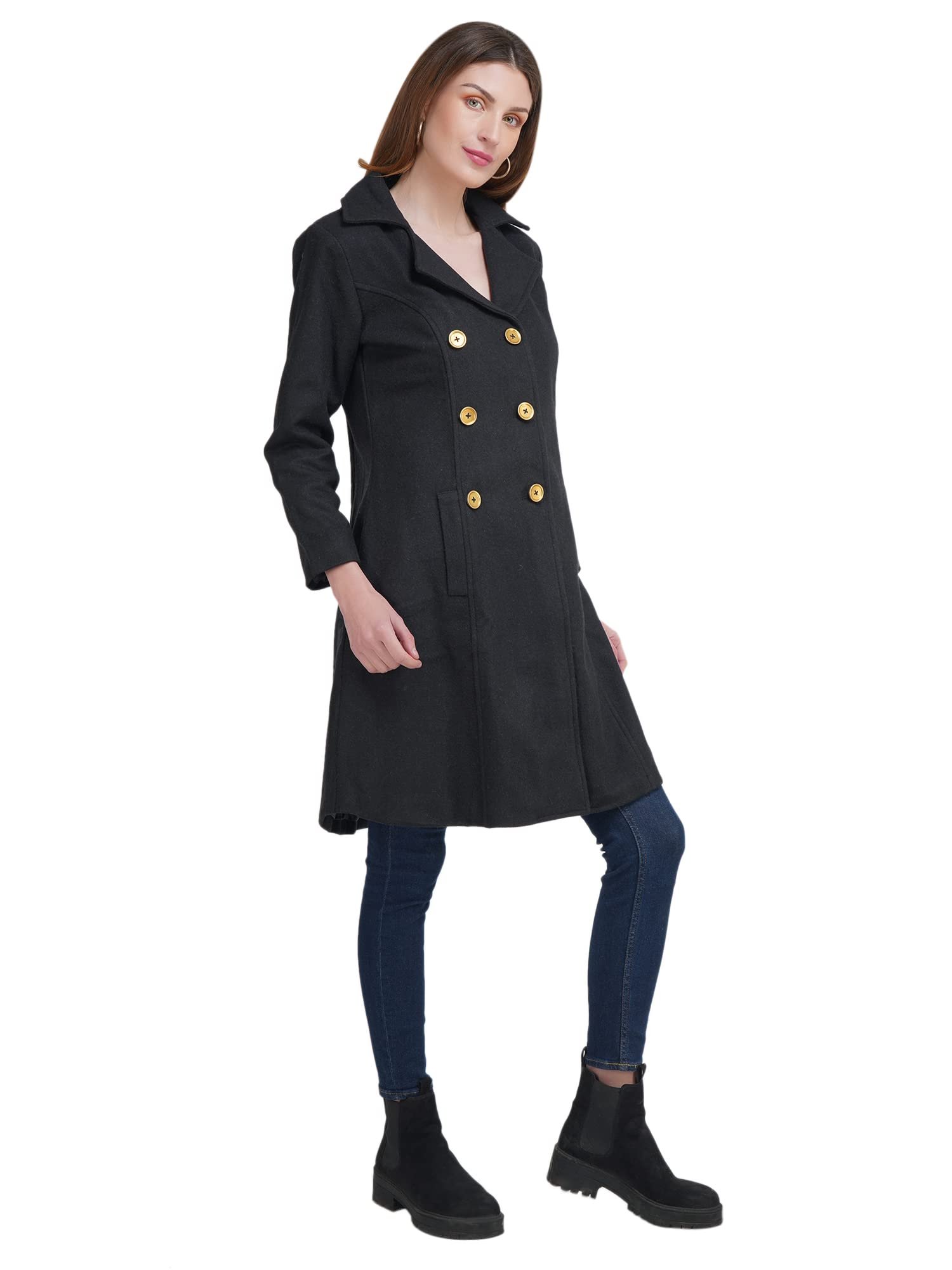 Women's Double Breasted Knee Length Coat (Black) - Image 4