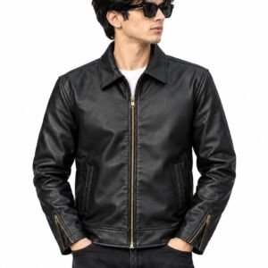 Men's Black Leather Jacket with Collar & Zip Closure - S (IN, Alpha)