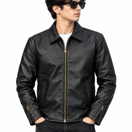 Men's Black Leather Jacket with Collar & Zip Closure - S (IN, Alpha)