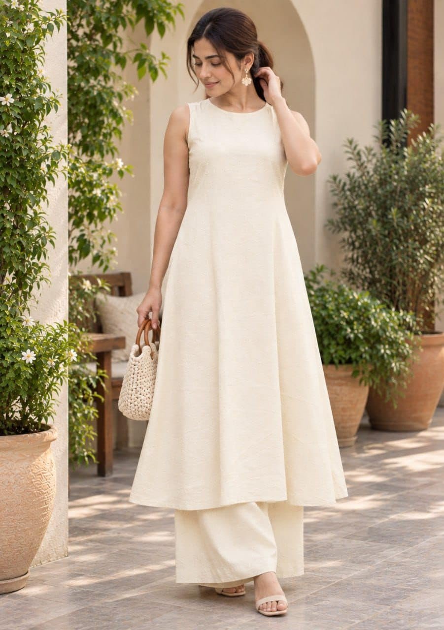 Rayon Kurta for Women | Sleeveless Kurti Set Woman | Anarkali Kurti with Palazzo | Plain Co Ord Outfit | Office Party Traditional Clothing for Womens (in, Alpha, Regular, Womens, Off-White) - Image 5