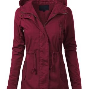 Womens Utility Anorak Jacket Lightweight Hooded Zip Up Safari Style Coat with Snap Buttons Chest and Hand Pockets, Wine, Large