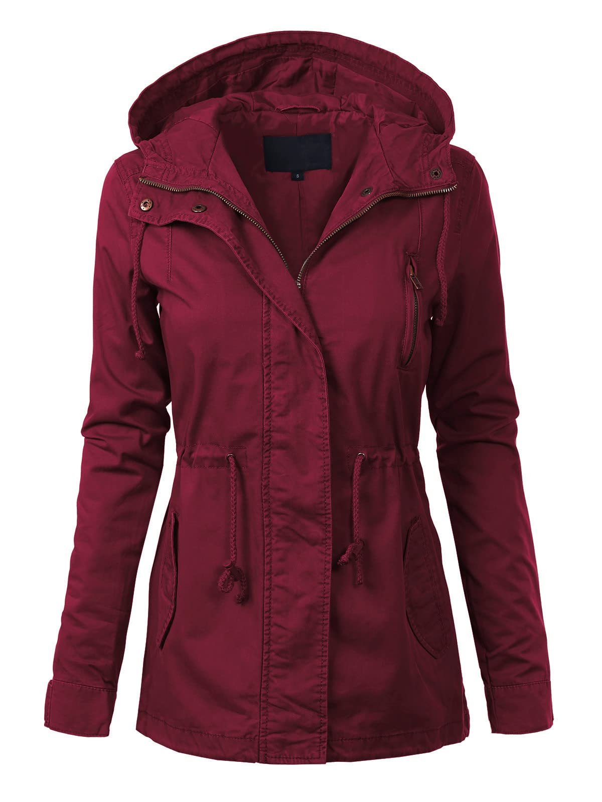 Womens Utility Anorak Jacket Lightweight Hooded Zip Up Safari Style Coat with Snap Buttons Chest and Hand Pockets, Wine, Large