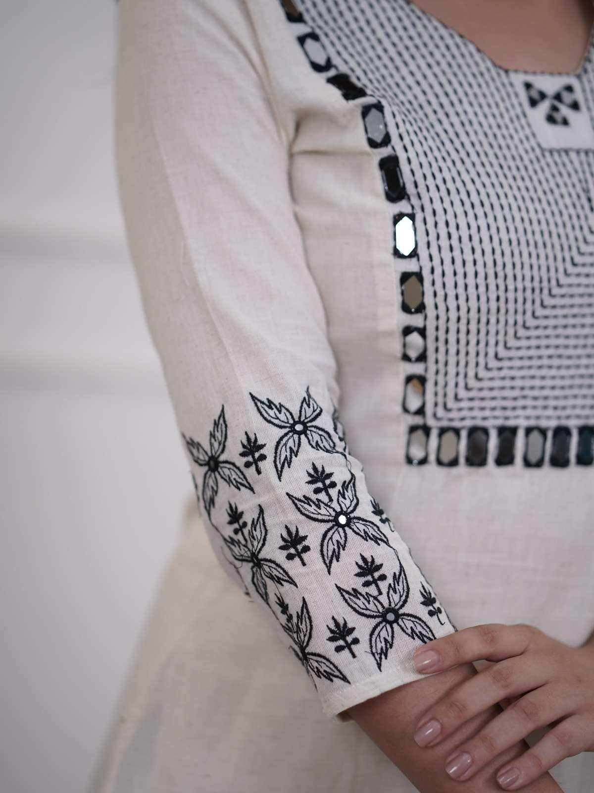 Trendy Articraft's Women's Cotton Embroidery Straight Kurti with Pant Set (White) - Image 4