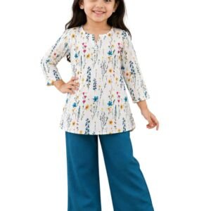 Girls Floral Top and Wide-Leg Pant Set | Girls 2 Piece Outfit Set | Floral Printed White Tunic Top and Teal Wide Leg Pants | Cotton Casual Clothes for Kids Color White & Teal Size 5-6 Years
