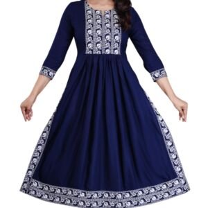 Women Flared Rayon Nayra Cut Kurti for Women & Girls | 3/4 Sleeves | Round Neck (in, Alpha, 3XL, Regular, Dark Blue)
