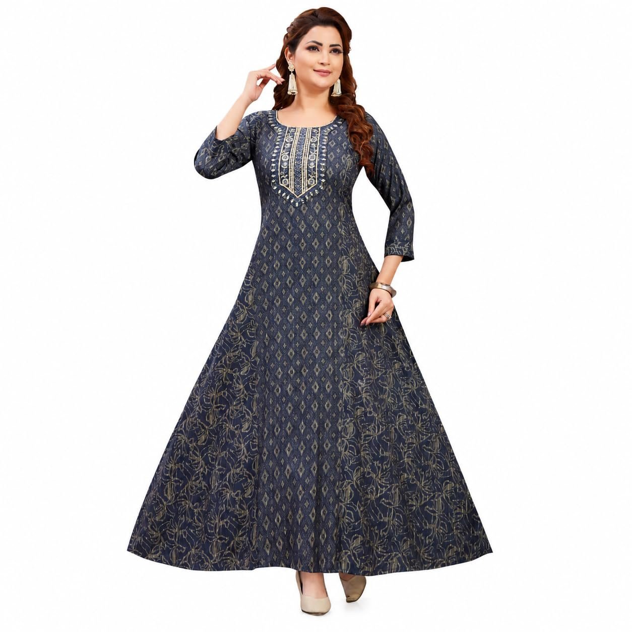 kurticopia Women's Grey Printed Anarkali Kurti | Long Flared Ethnic Kurta with 3/4 Sleeves | Round Neck Full Length Kurti for Women | Casual, Festive Size 2XL