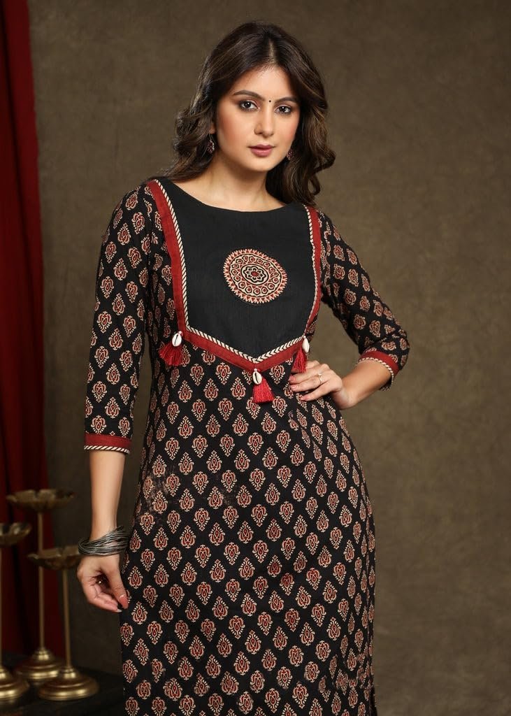 Raghav Silk Pure Cotton Ajrakh Print Straight Kurti for Women (in, Alpha, Black) - Image 4