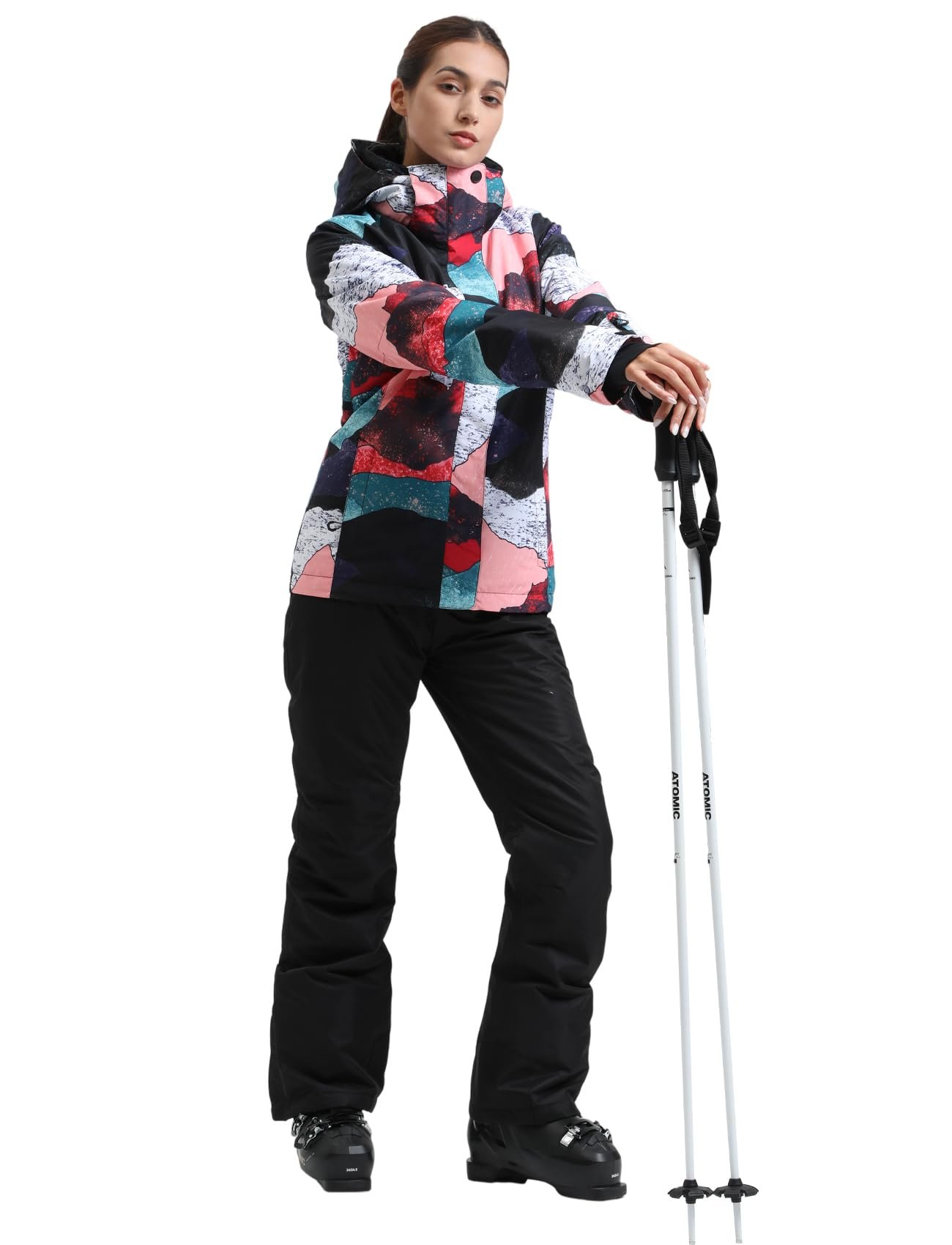 Women's Ski Jacket and Pants Waterproof Snowsuit Windproof Snowboard Jacket Coat Insulated, Color Spot Black, Small - Image 3