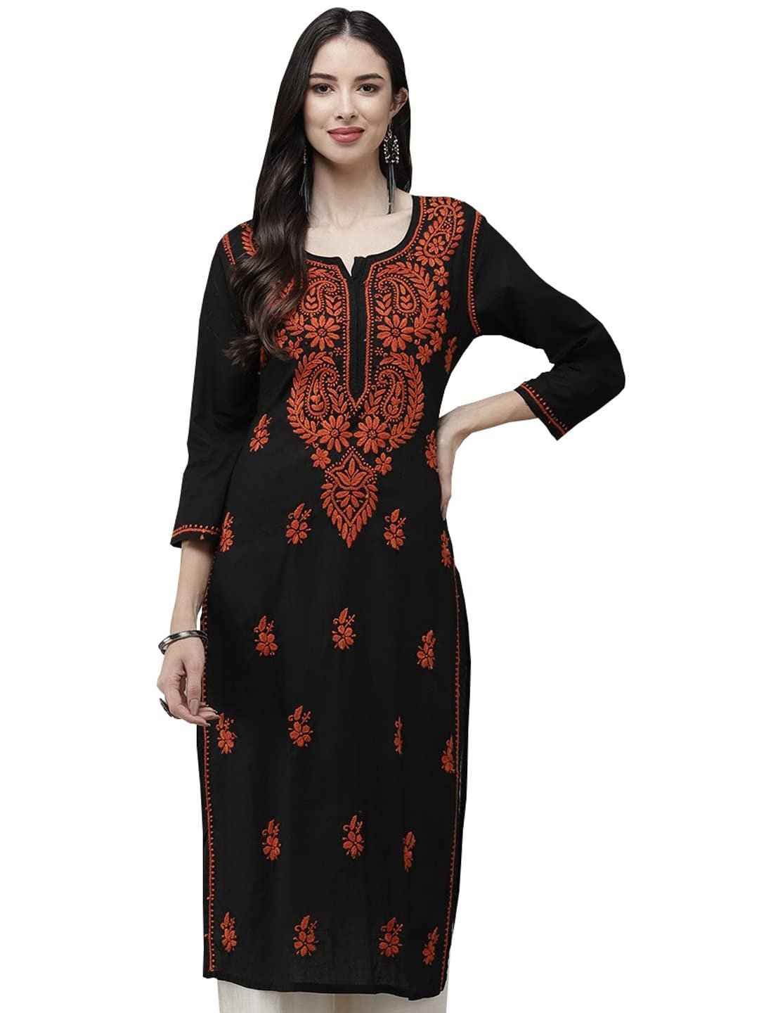 Hand Embroidered Chikankari Black Cotton Kurta for Women A411277