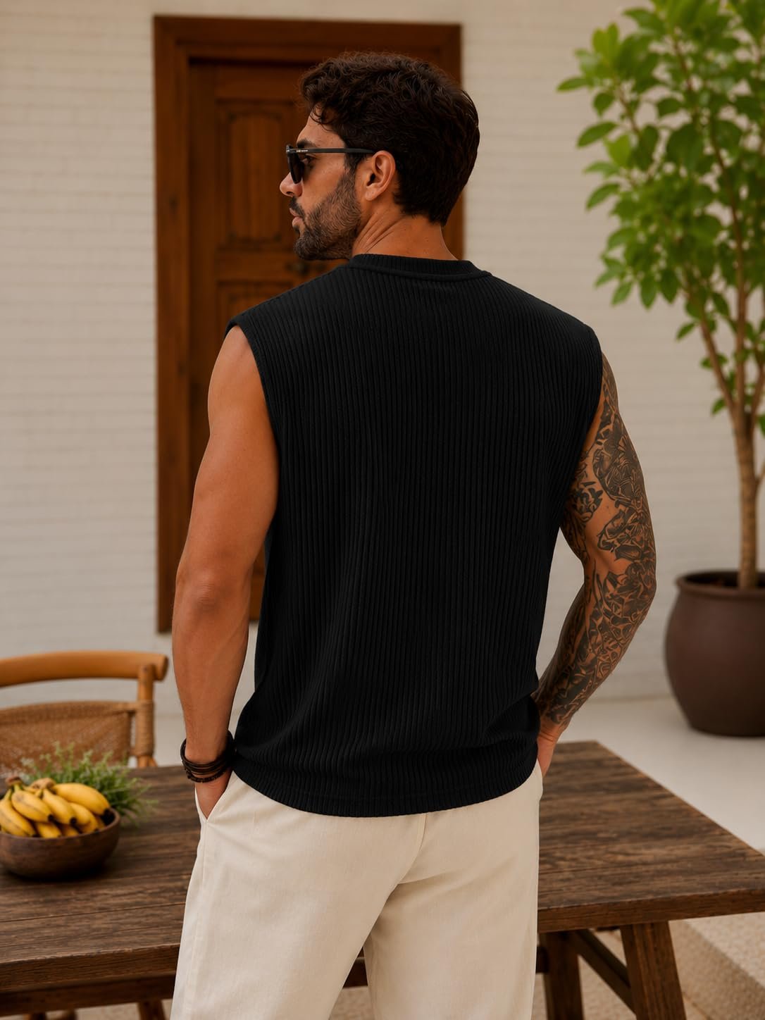 Men's Ribbed Gym Vest, Sleeveless Crew Neck Tank Top, Teal, Casual Workout Muscle Shirt (in, Alpha, Regular, Black) - Image 3