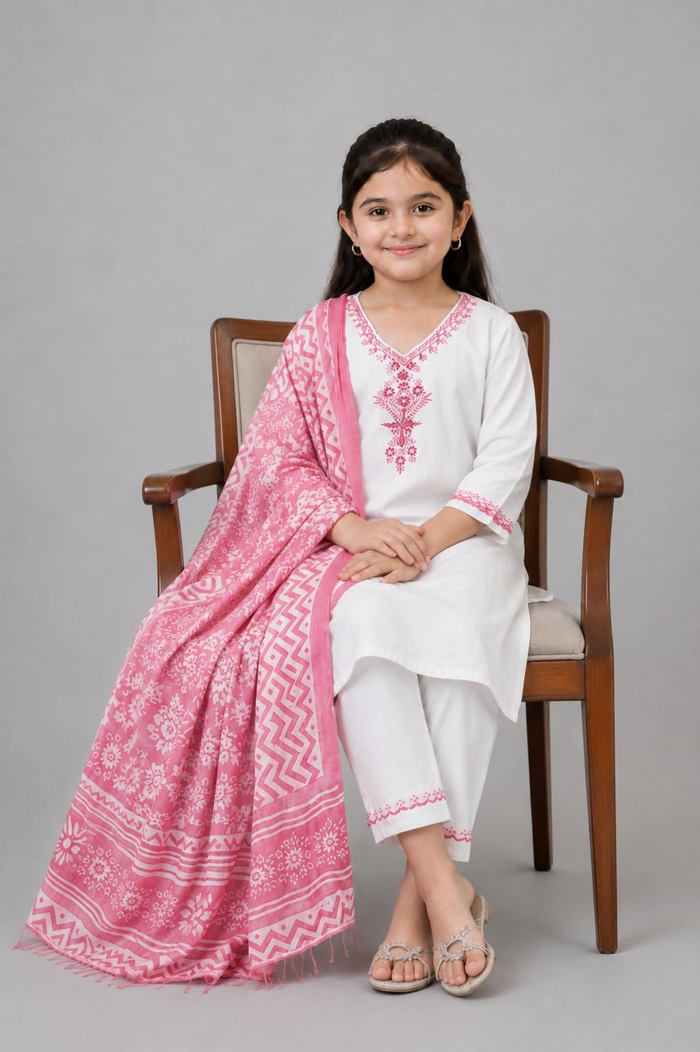 Girls Khadi Cotton Embroidered Work 3-Piece Salwar Suit Set With Floral Printed Dupatta Traditional Ethnic Outfit for Festive Functions (IN, Age, 9 Years, 10 Years, Regular, Baby Girls, Pink) - Image 4