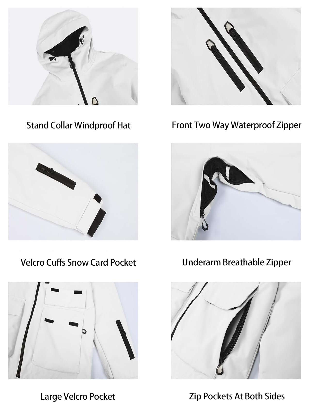 Men's Ski Jacket Snowboard Snow Coat Waterproof Windproof Insulated Winter Mountain Outdoor Sports Fixed Hooded, Beige, Large - Image 5