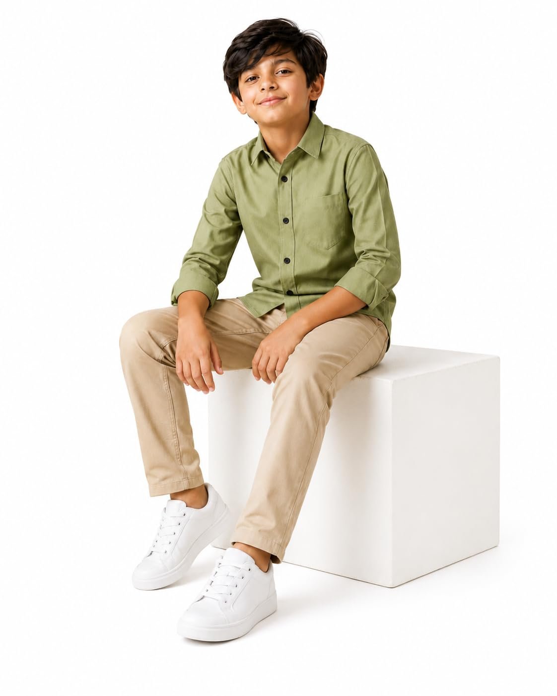 Boy Premium Cotton Blend Regular Fit Full Sleeves Plain Shirt for Boys with Elegant Design | Stylish & Comfortable Shirt for Casual Outings (in, Age, 14 Years, 15 Years, Regular, Boys, Olive Green) - Image 5