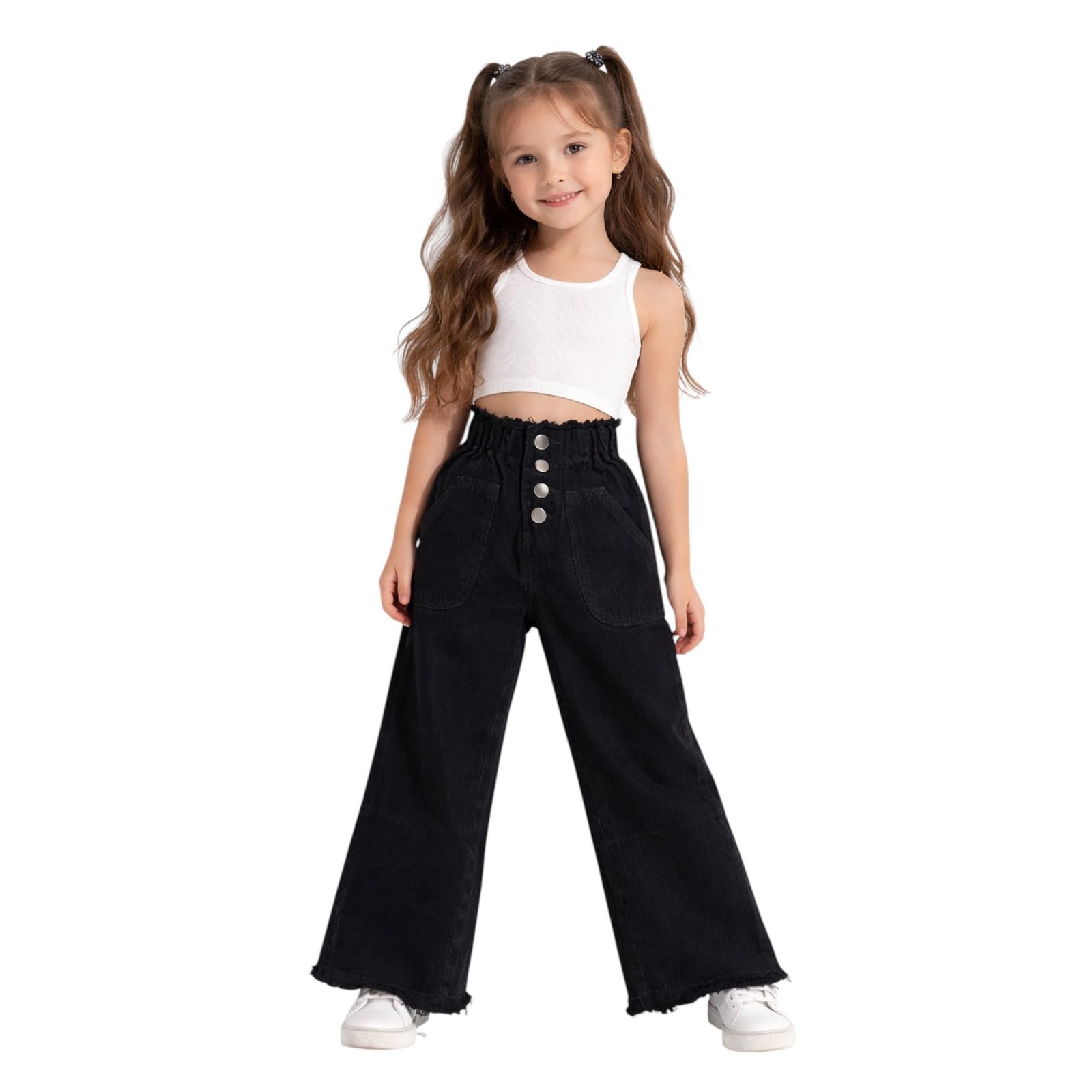 Girls Black Wide Leg Denim Jeans with High Waist Button Detail