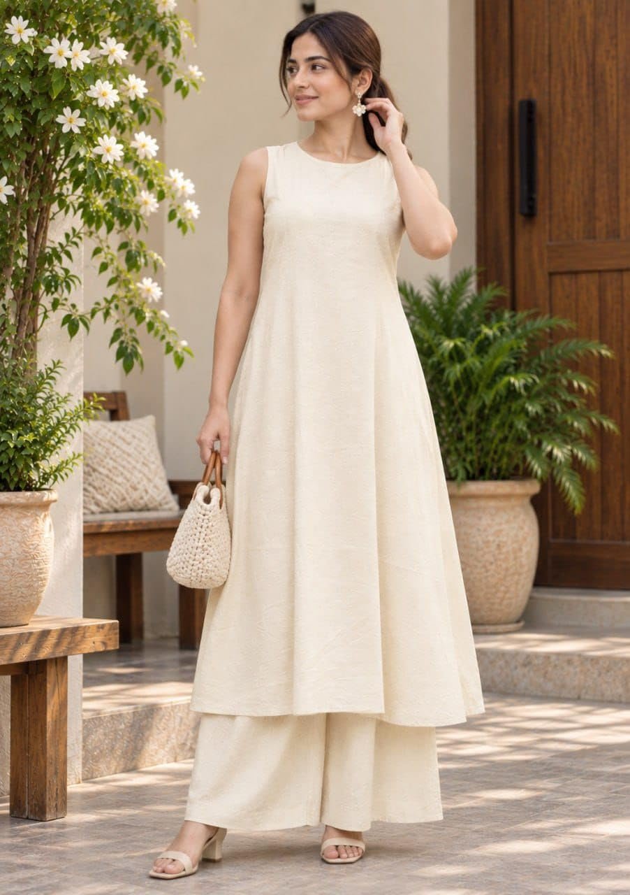 Rayon Kurta for Women | Sleeveless Kurti Set Woman | Anarkali Kurti with Palazzo | Plain Co Ord Outfit | Office Party Traditional Clothing for Womens (in, Alpha, Regular, Womens, Off-White) - Image 4