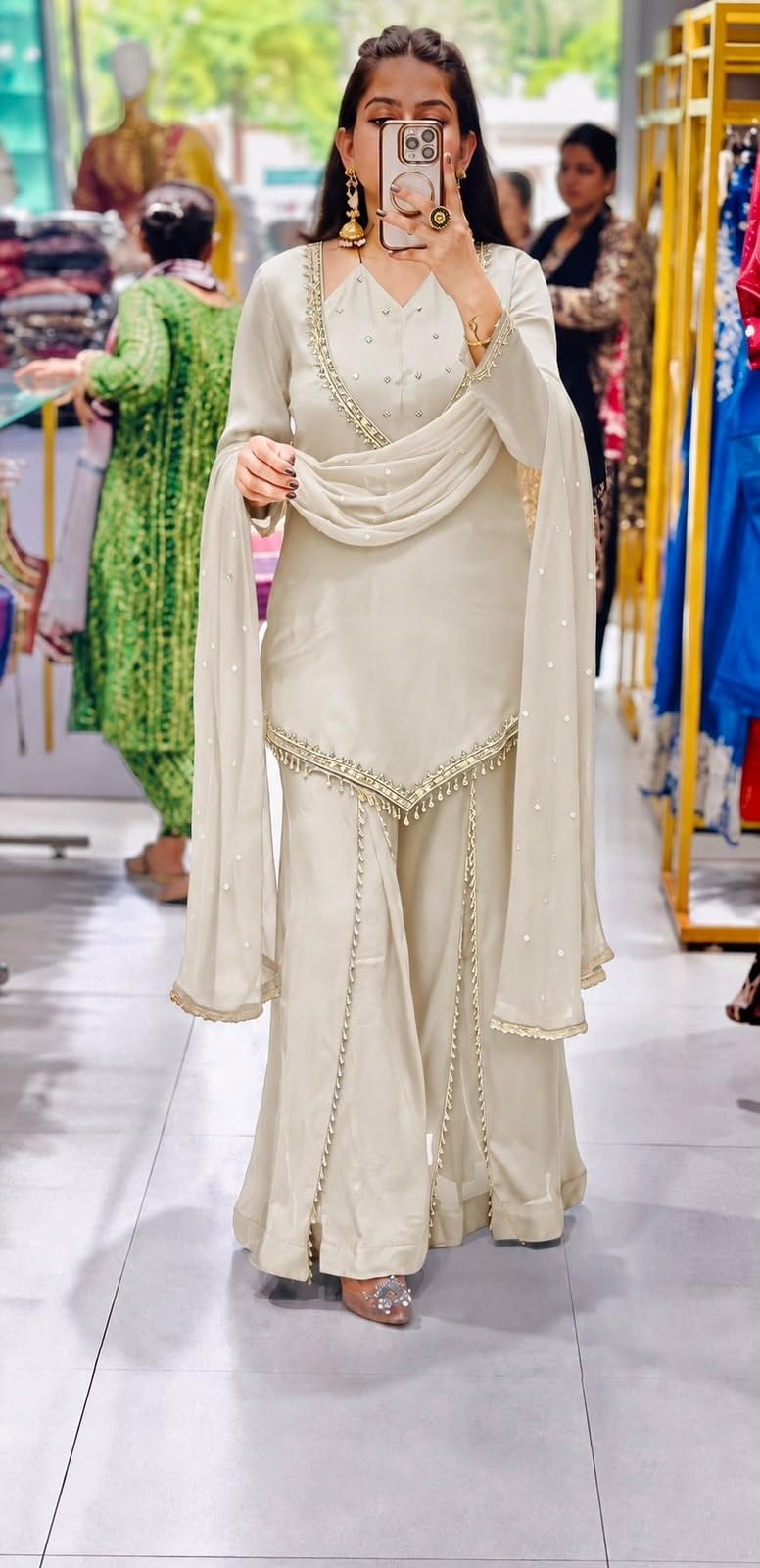 Women’s Roman Glass Kurti with Real Mirror Work, Fully Stitched Ready to Wear Ethnic Top, Full Sleeve Kurti with Heavy Micro Cotton Inner, 32–33 Inch Length White - Image 4