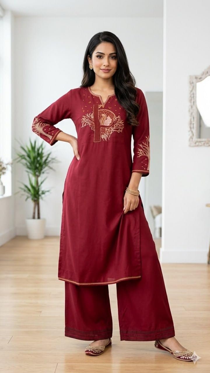 Women's Cotton A-Line Printed Co-Ord Set with Palazzo | Kurta Set for Women | A-Line Kurti Co-Ord Set | Printed Kurti Palazzo | Women Kurta Set (IN, Alpha, Regular, Wome, maroon) - Image 4