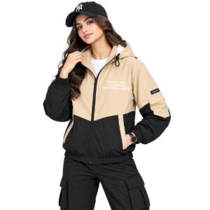 Women’s Hooded Jacket, Full Zip Color Block Casual Jacket with Drawstring Hood, Elastic Cuffs and Front Pockets for Travel, Outdoor, Winter & Everyday Wear