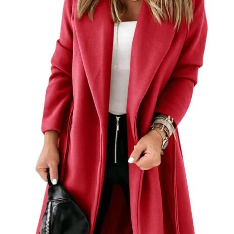 Womens Classic Coat Lapel Collar Open Front Belted Long Jacket, Red, Medium