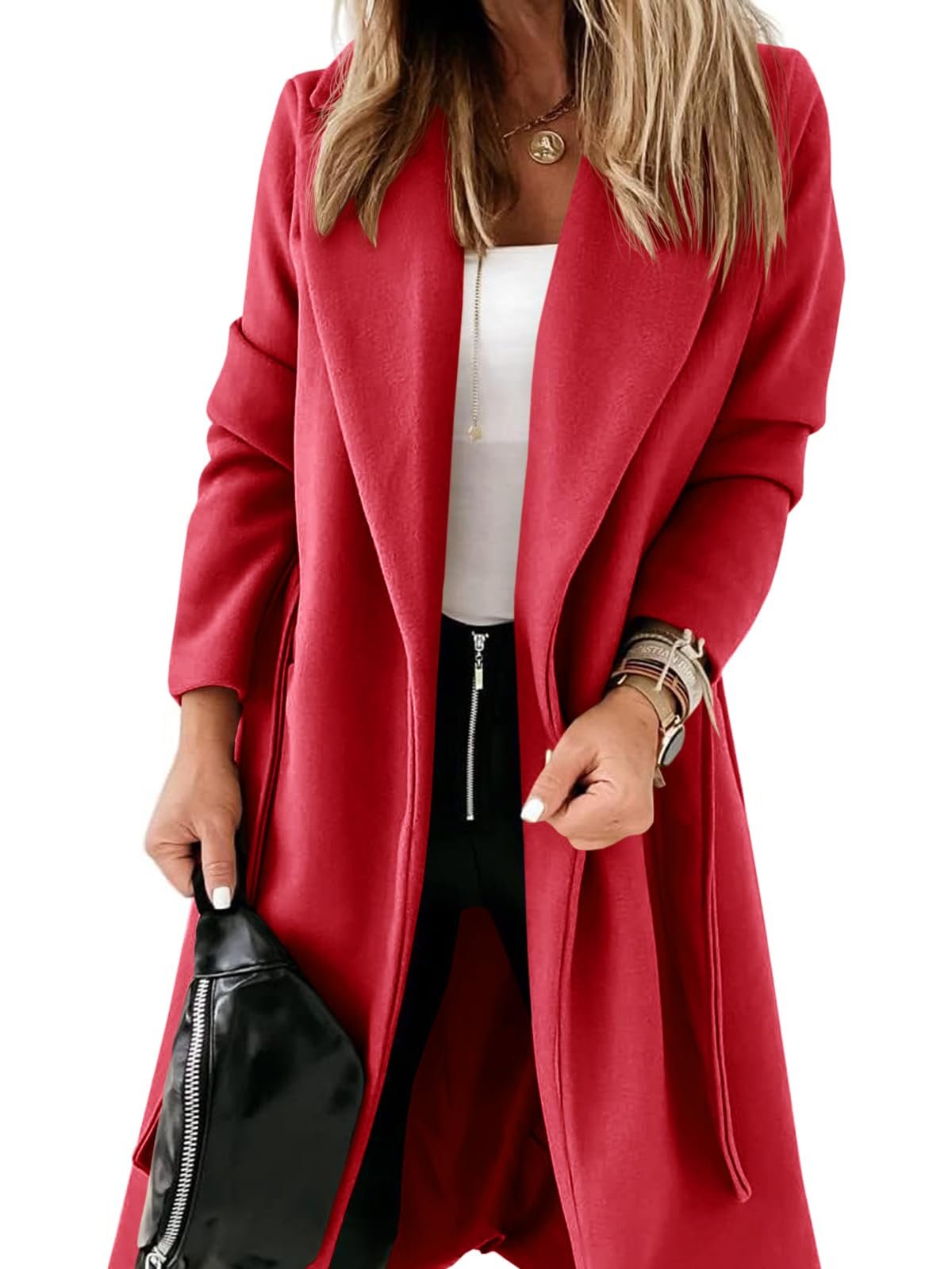 Womens Classic Coat Lapel Collar Open Front Belted Long Jacket, Red, Medium
