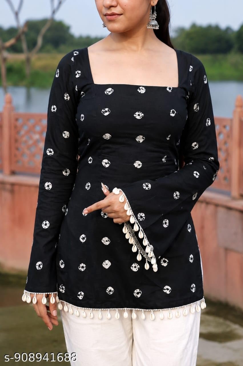 Women's Rayon Printed Short Kurti | Square Neck | Bell Sleeves | Lace-Up Back Design with Pom Pom Lace | Casual Ethnic Top for Daily Office College Wear (in, Alpha, Regular, Black) - Image 2