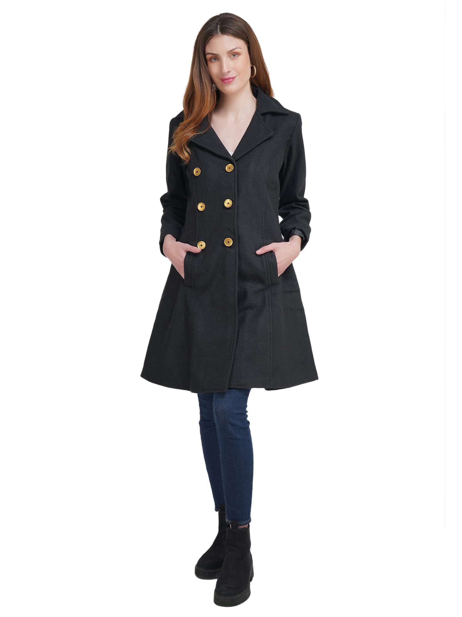 Women's Double Breasted Knee Length Coat (Black) - Image 2