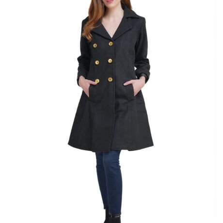 Women's Double Breasted Knee Length Coat (Black)