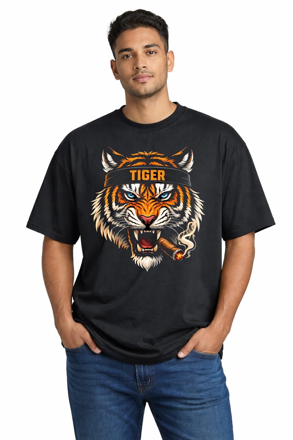 Men’s Tiger Graphic Printed T-Shirt | Cotton Blend | Relax Fit | Half Sleeve Elbow Length | Casual Wear T-Shirt (in, Alpha, 2XL, Regular) Black