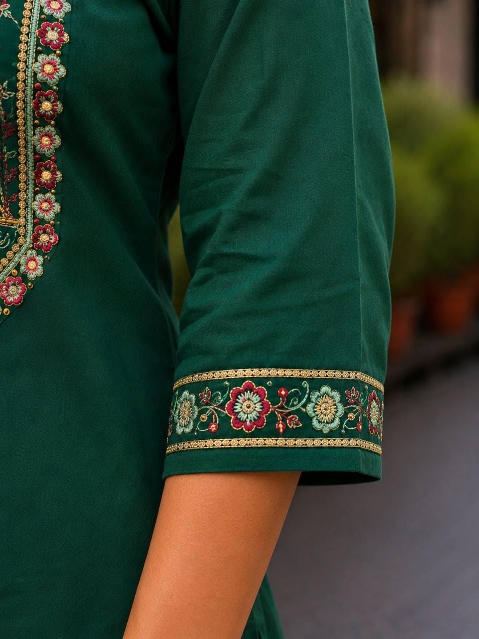 Women's Cotton V-Neck Kurta Set, 3/4 Sleeve Embroidered Festive and Occasion Straight Kurti with Matching Palazzo Pants Green XL - Image 5