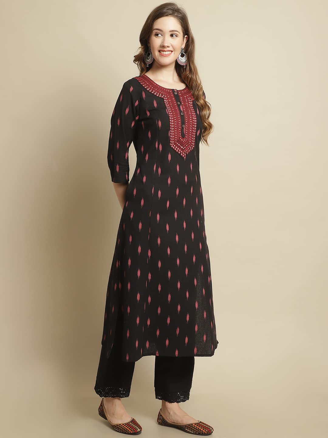 Women's Cotton Printed A-Line Mirror Pattern Regular Fit Kurta (Black, Large) - Image 4