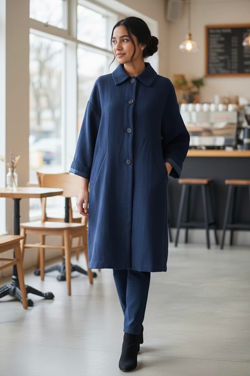 Navy Blue Double Breasted Wool Blend Overcoat For Women, Size L, Formal Winter Coat, Long Sleeve - Image 2