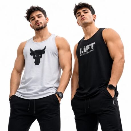 Men's Gym Tank Top Combo Pack of 2 with Graphic Print Black, Heather Grey
