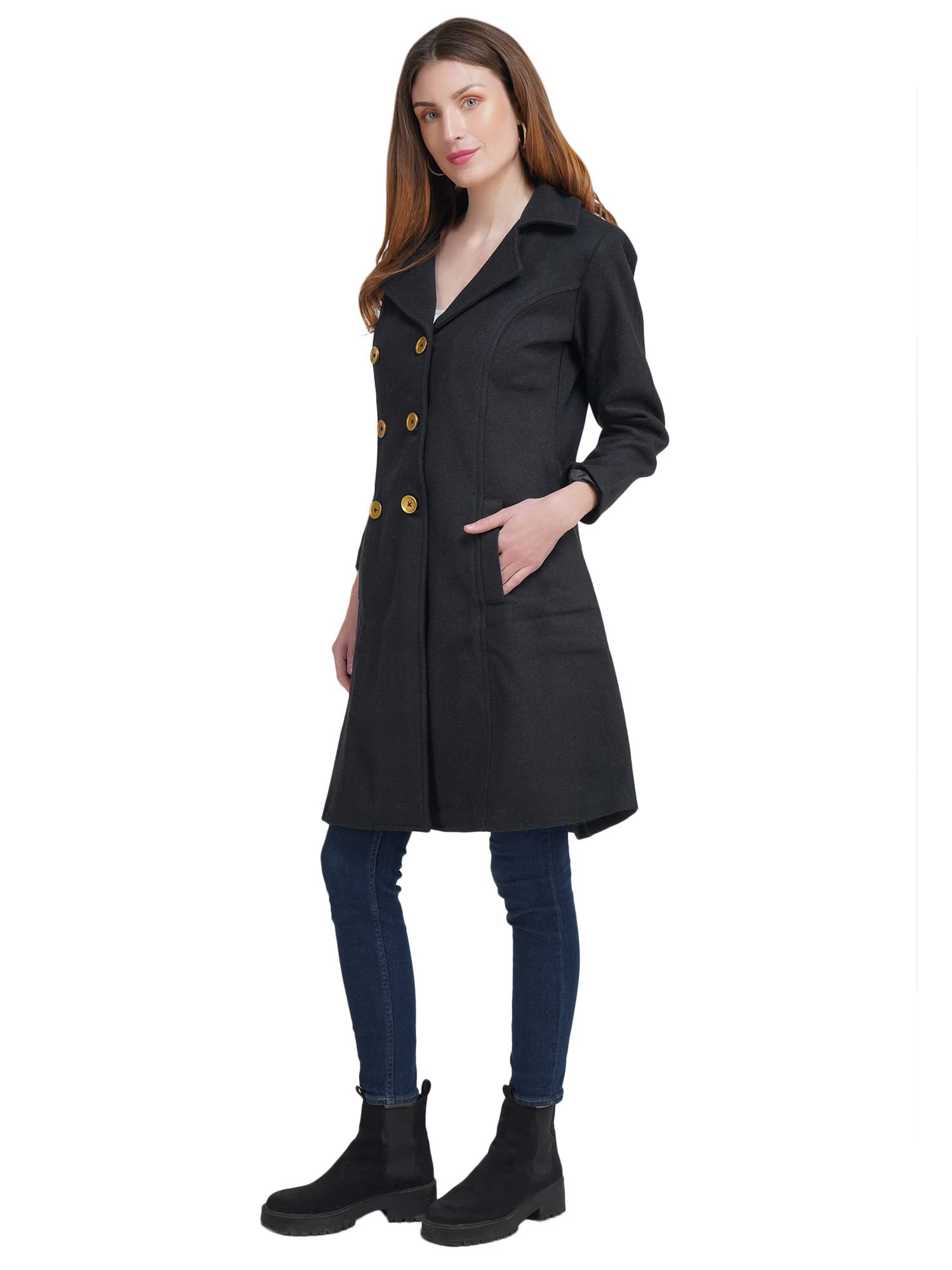 Women's Double Breasted Knee Length Coat (Black) - Image 5