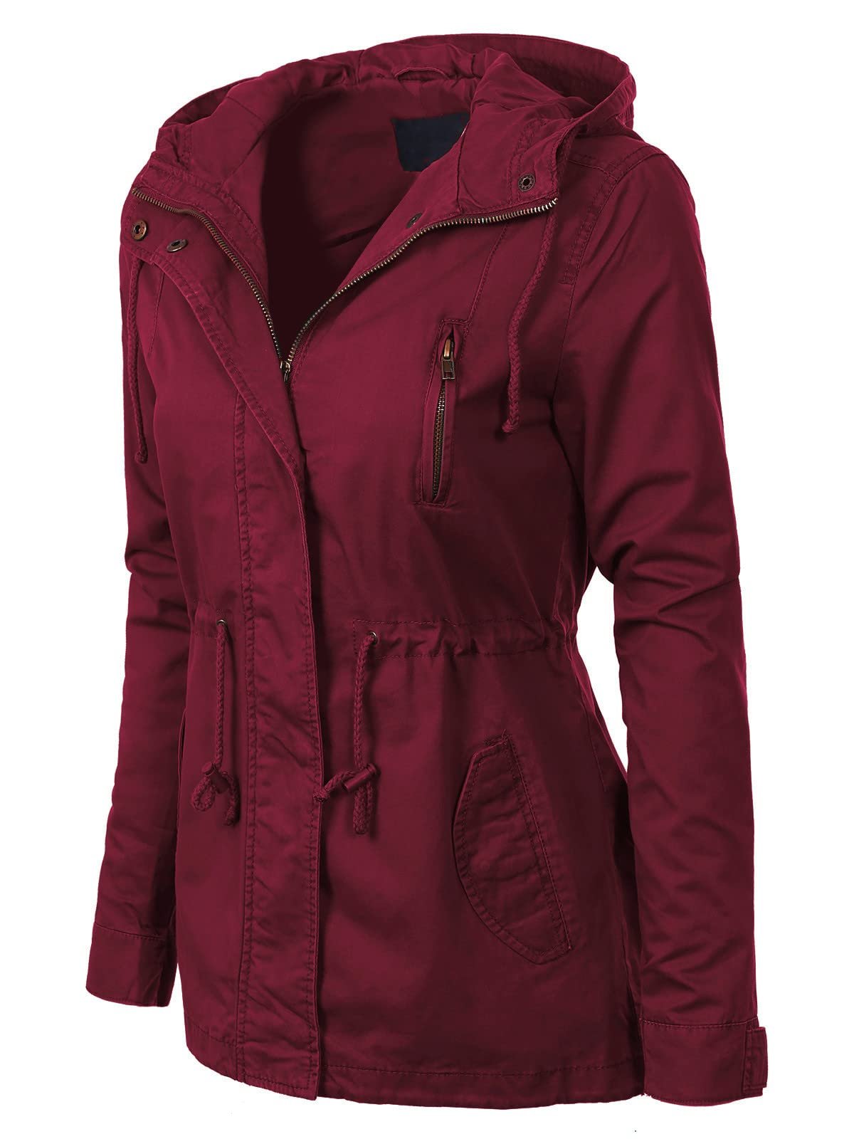 Womens Utility Anorak Jacket Lightweight Hooded Zip Up Safari Style Coat with Snap Buttons Chest and Hand Pockets, Wine, Large - Image 2