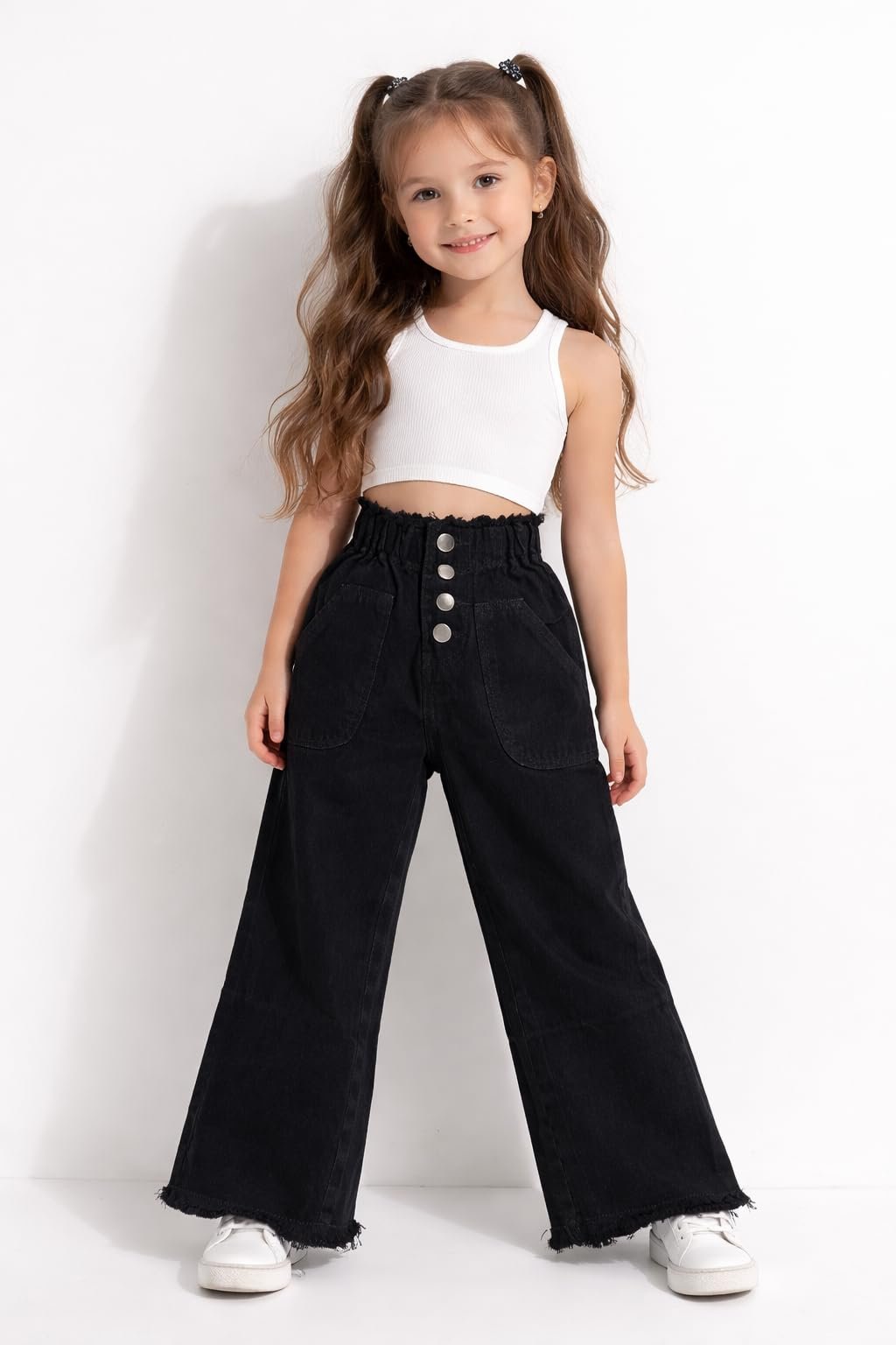 Girls Black Wide Leg Denim Jeans with High Waist Button Detail - Image 3