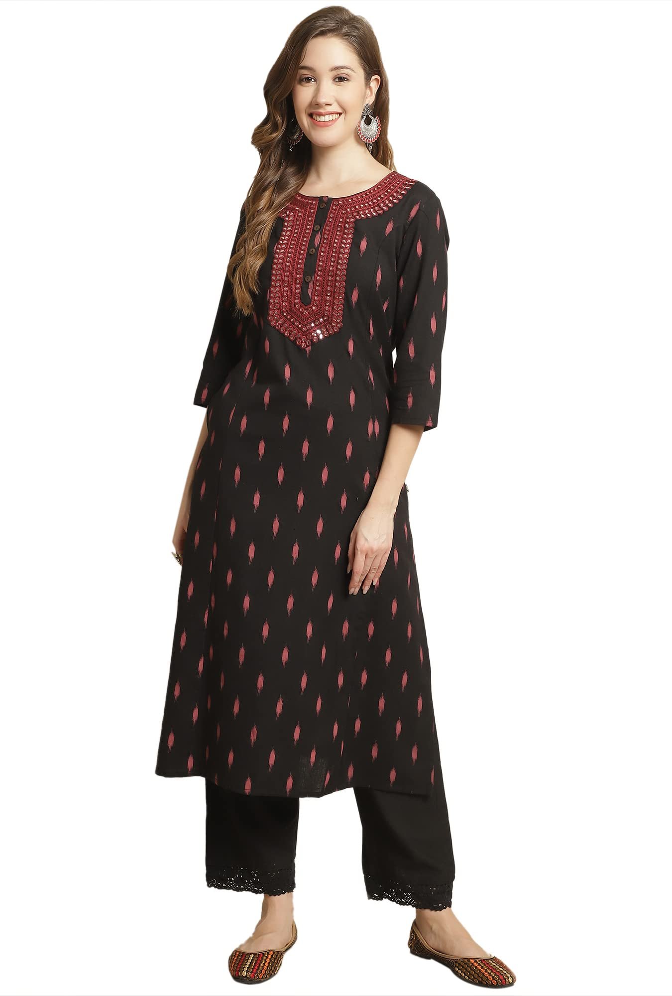 Women's Cotton Printed A-Line Mirror Pattern Regular Fit Kurta (Black, Large)
