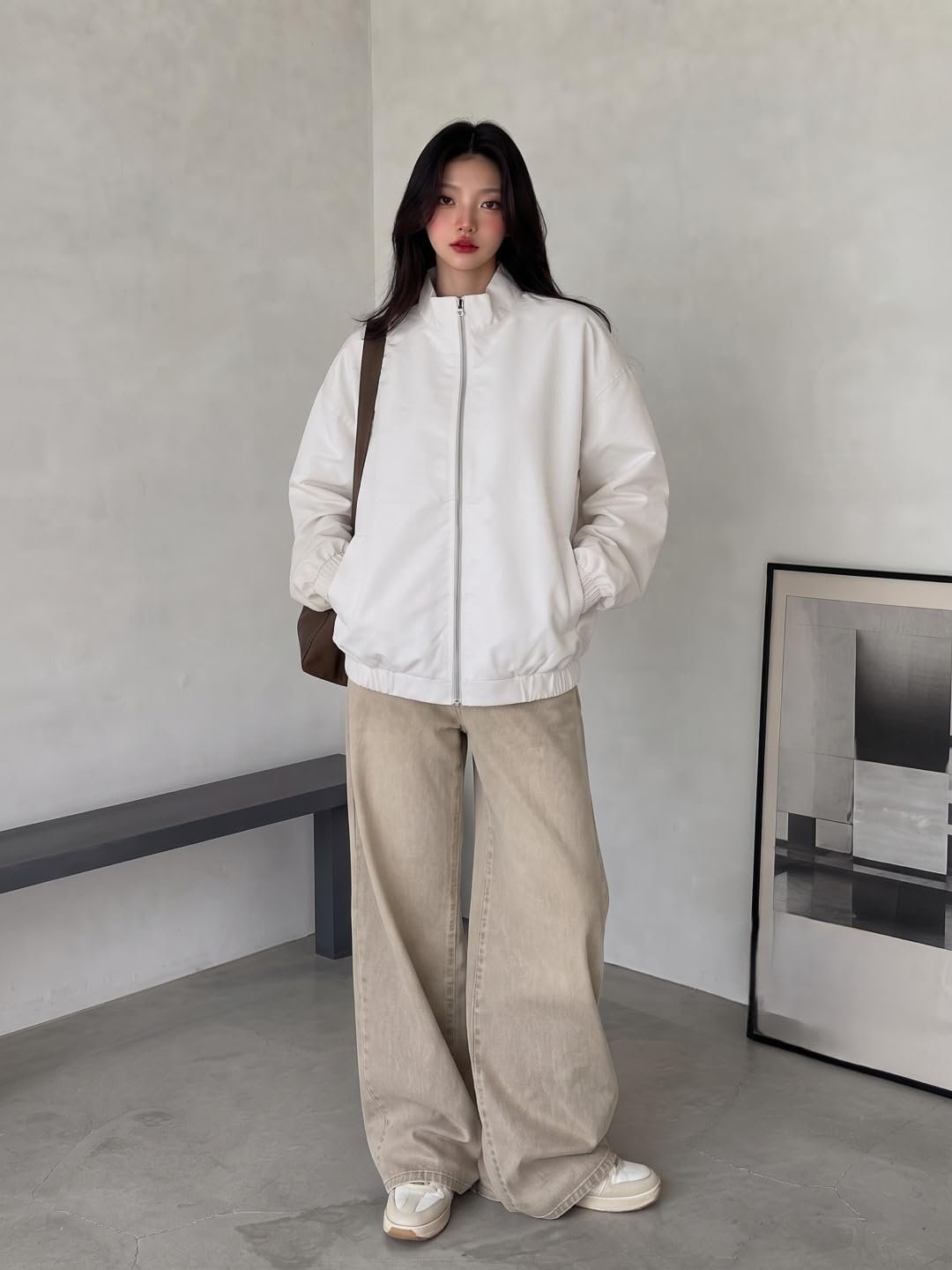 White Water Resistant Jacket Women Winter Bomber Coat Zip Up Outerwear - Image 4