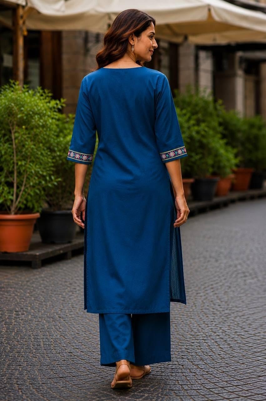 Women's Cotton V-Neck Kurta Set, 3/4 Sleeve Embroidered Festive and Occasion Straight Kurti with Matching Palazzo Pants Blue 3XL - Image 4