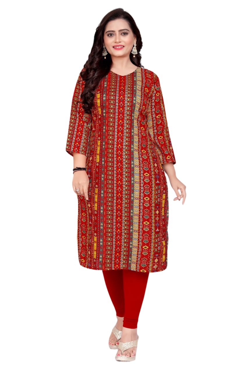 Amthi V-Neck Straight Cotton Blend Red Kurtis for Women's (in, Alpha, 3XL, RED) - Image 2