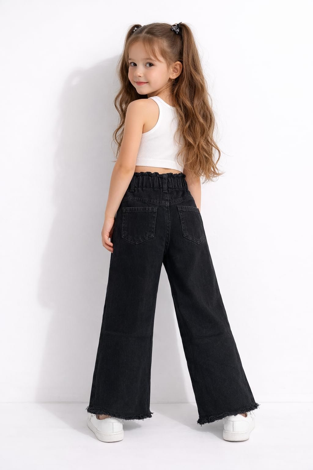 Girls Black Wide Leg Denim Jeans with High Waist Button Detail - Image 2