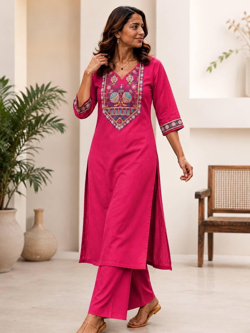 JD ENTERPRISE Women's Cotton Embroidered Kurta with Button Design & Palazzo Pant Set | Straight Kurti with Comfortable Cotton Palazzo | Ethnic Wear for Casual (IN, Alpha, DHOLKI-PINK)