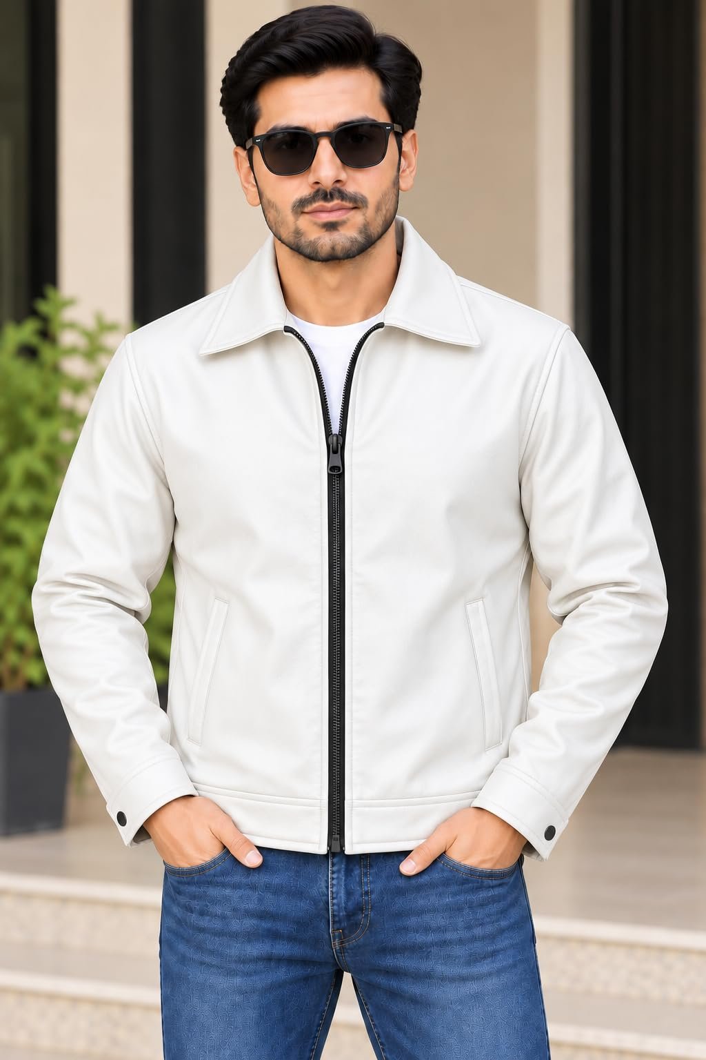 Men's Stylish Leather Jacket | Full Sleeve Zip-Up Winter Jacket with Shirt Collar, Side Pockets & Cuffed Sleeves | Casual Outerwear for Men (IN, Alpha, Regular, White) - Image 2