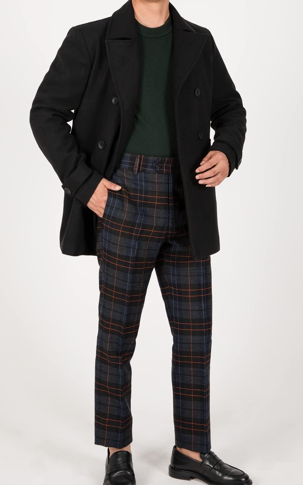 Men's Double Breasted Wool Blend Pea Coat, Quilted Lined Overcoat, Black, Large - Image 3