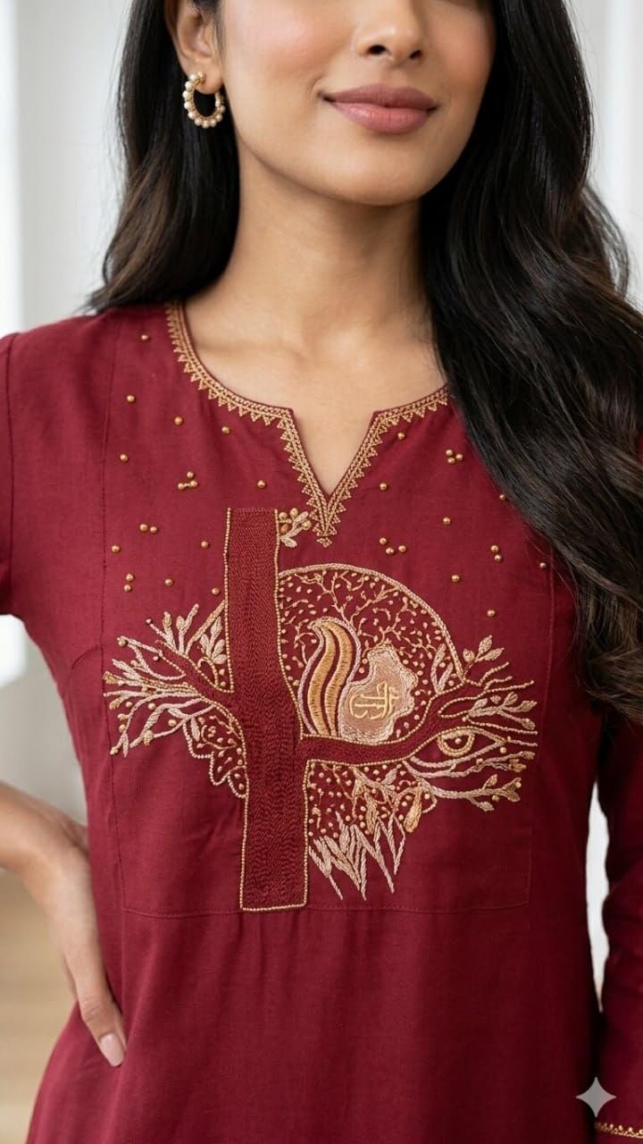 Women's Cotton A-Line Printed Co-Ord Set with Palazzo | Kurta Set for Women | A-Line Kurti Co-Ord Set | Printed Kurti Palazzo | Women Kurta Set (IN, Alpha, Regular, Wome, maroon) - Image 2