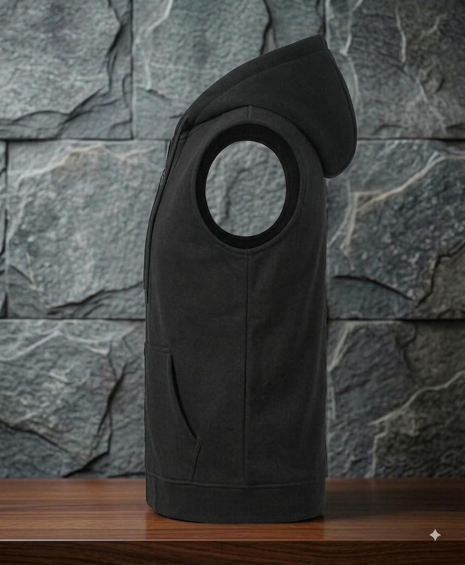 Men's Sleeveless Fleece Hoodie Jacket | Zip-Up Hooded Vest with Drawstring | Slim Fit Casual Sportswear Tank Top with 2 Side Pockets | Lightweight Winter & Gym Wear (in, Alpha, Regular, Black) - Image 3